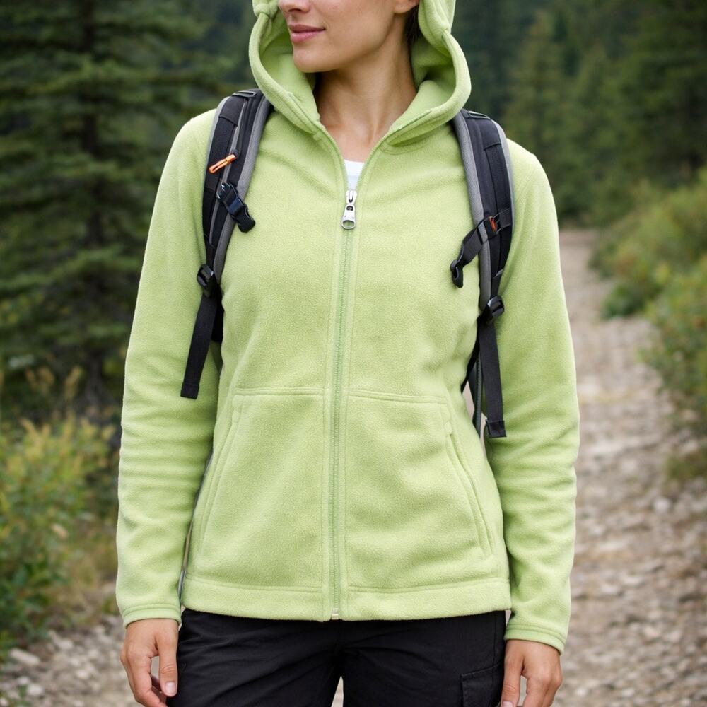 L.L.Bean Polartec Fleece Hoodie Jacket Lime Green Full Zip Womens M Cozy Outdoor